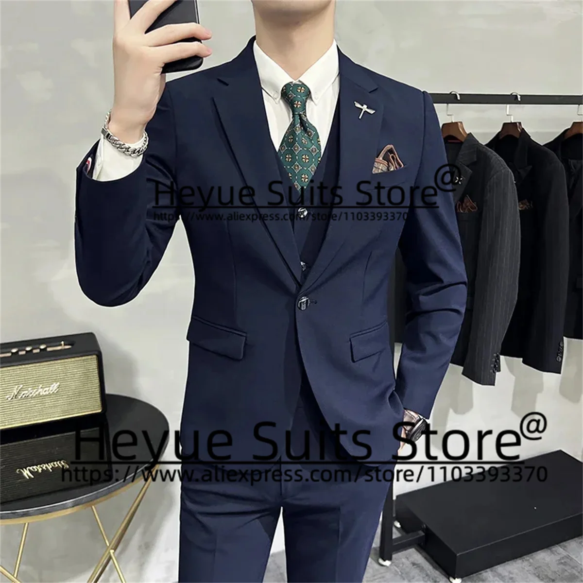 

High-end Brand Boutique Fashion Suits For Men Solid Color Slim Casual Groom Tuxedos 3 Pcs Set Business Male Blazer Costume Homme