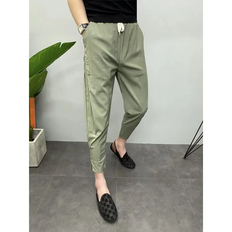 

Korean Summer Ice Silk Pants Men's Nine Points Pant Leg Slit Solid Color Haren Pants All-match Baggy Casual Pants Men Clothing