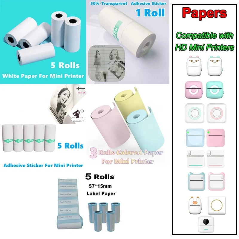 

Self-Adhesive Transparent Sticker Rolls for Portable HD Photo Printer 57mm Width Mini Printer Paper Color White Continuous Pape