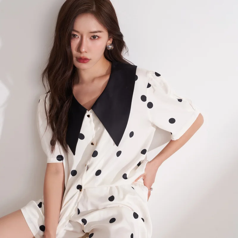 CRLAYDK 2023 Summer Polka Dot Pamas Set for Women Satin Silk Button Down Short Sleeve Sleepwear Bride Soft Pj Loungewear_voghion.com