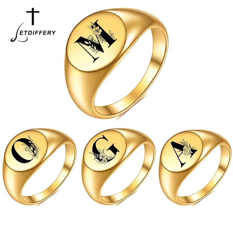 

Letdiffery Women Men Flower A-Z Initials Gold Color Finger Ring Stainless Steel Custom Alphabet Female Party Rings Jewelry