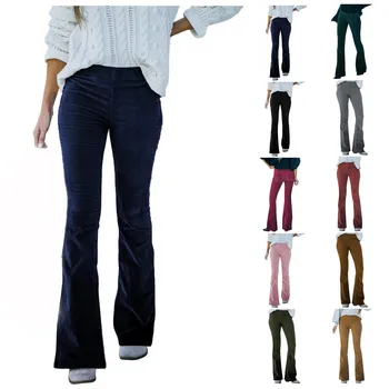 Women's solid color slim fit bell bottom pants elastic waist casual pants women's fashion thickened corduroy bell bottom pants 2
