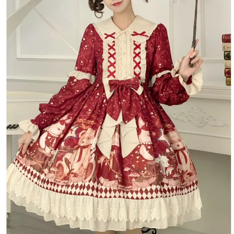 

Красное милое платье лолиты с длинным рукавом, короткая юбка