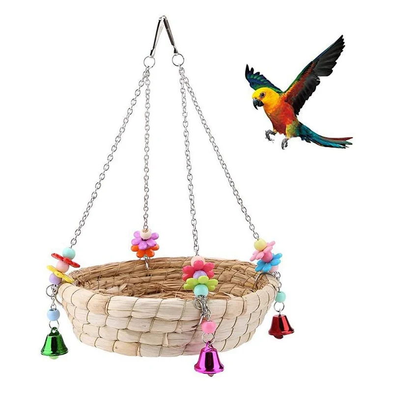 Bird Parrot Toy Parrot Nest Natural Handmade Woven Grass Bed Swing With 4 Metal Bells Bird Toy Swing