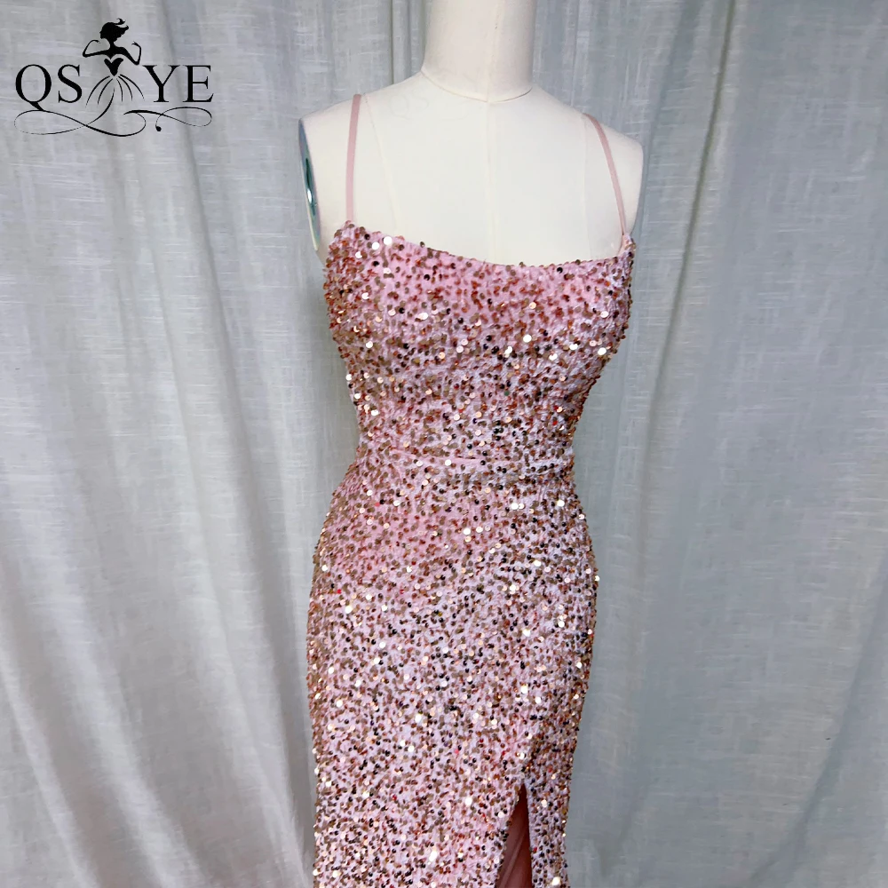 Pink Long Bridesmaid Dress Sqaure Neck Spaghetti Straps Prom Gown Halter Stretch Sequined Velvet Open Split Women Dress Backless