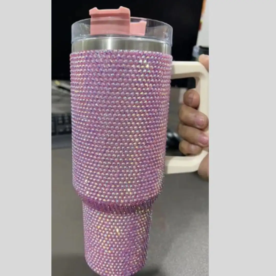 40oz Rhinestone Embellished Coffee Mug Stylish Luxury with Handle Lid Straw Tumbler Drinkware Thermos Stainless Steel Vacuum Cupyellow Diamond, Size