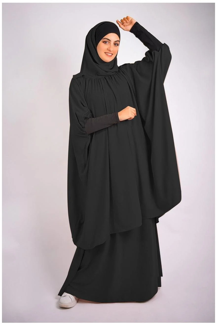 

Muslim Robe Set Pleated with Hijab Ladies Dress Solid Color Skirt Long Sleeve Wide Cape Turkish Arabian Robe Official Suit Party