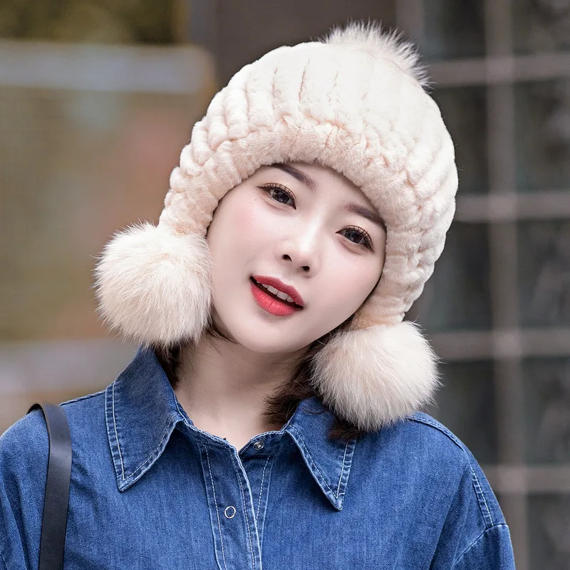 2022 100% Real Rabbit Hair Fur Hat Women Winter Knitted Beanie Russian Girls Cap with Fox Fur Pom Poms Thick Female Cap Elastic