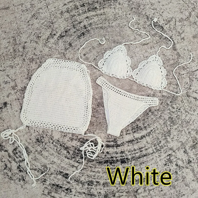 Women Exquisite Hand Knitting Bikini 3-piece OR 2-piece Set Swimming Skirt Brazilian Lace-up Bathing Suit Female Thong Swimsuits