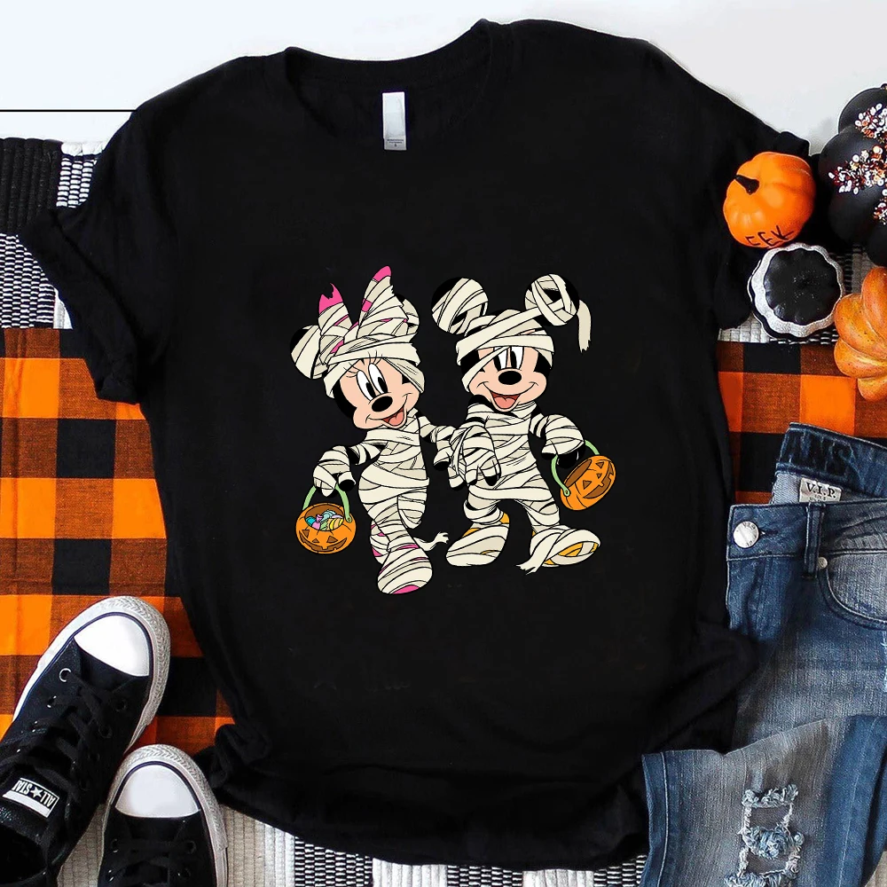 

Disney Happy Halloween Funny Mickey Minnie T-shirts Women Creative Fashion Black Festival Clothes Street Harajuku Hipster Tees