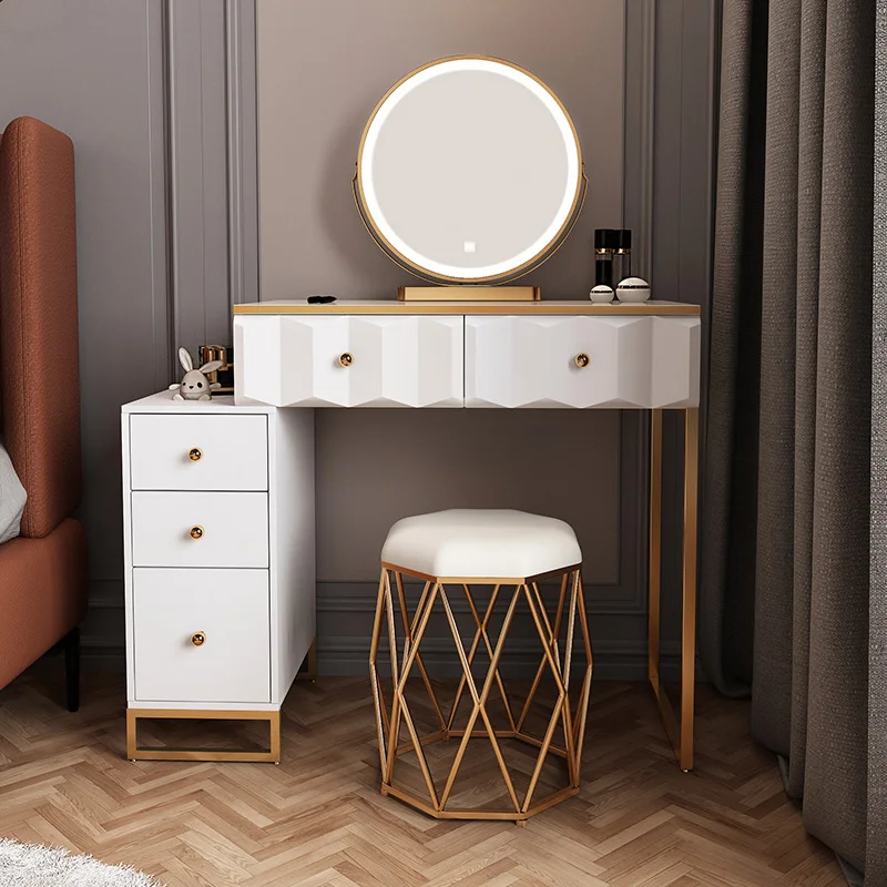 ModernCornerDressingTableMirrorStorageMakeupWoodenDresserChestDrawersVanityTable