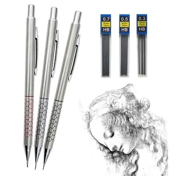 0.5 0.7 0.9mm Metal Mechanical Pencil with Eraser Set HB Lead Art Sketch Drawing Supplies Automatic Pencil Writing Stationery 1