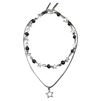  Fashion Double Layered Black Bead Star Choker Necklace Punk Pentagram Leather Rope Necklaces For Women Girls Gift - Image 6