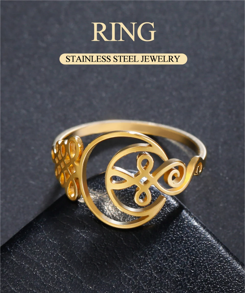 Dawapara Unalome Symbol mit Cresent Moon Ring für Frauen spirituelle Amulett Edelstahl Ehering Mode Yoga Schmuck – Detail 1