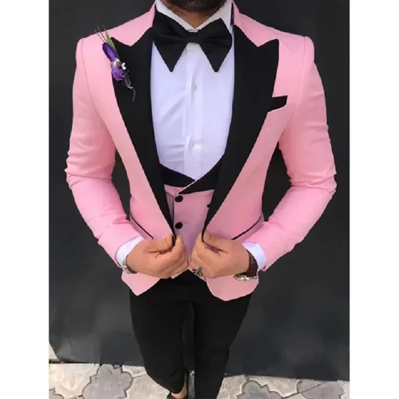 Costume Homme Grey Wedding Men Suits Black Peak Lapel Groom Prom Party Terno Masculino Slim Fit Blazer 3 Pcs Jacket+Pant+Vest