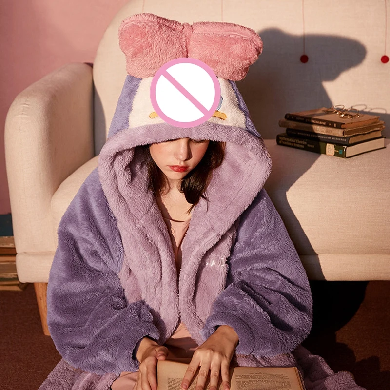 Women Bathrobe Winter Flannel Warm Robes Kawaii Sleepwear Velvet Pajamas Negligee Hooded Long Sleeve Nightwear Lounger Wear