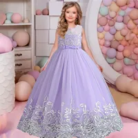 Shiny Toddler Little Big Girls Lace Appliqued Bowknot  Wedding Flower Girl Birthday Party Formal Long Dress 9102 1