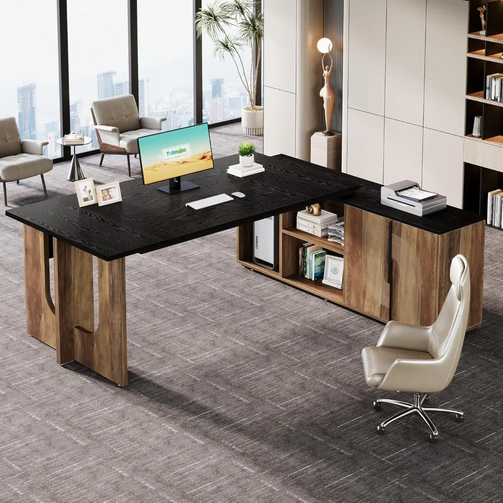 74.8 Executive Large Office with Cabinet, L Shaped Computer with Shelves and CPU Storage, Modern Home Office Desk 3
