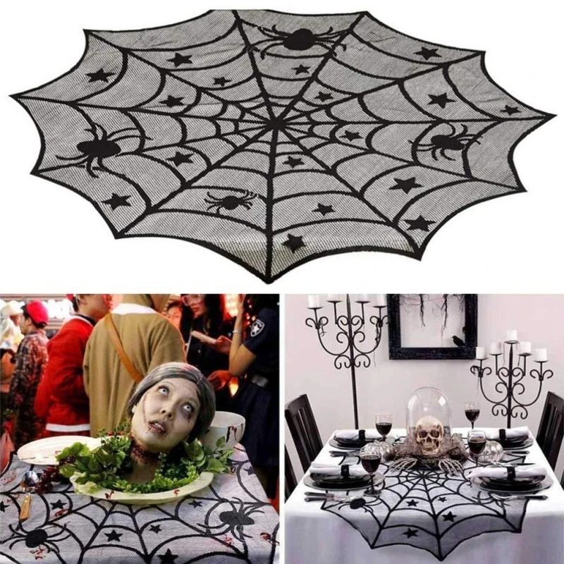 

Halloween Bat Table Runner Black Spider Web Lace Tablecloth Fireplace Curtain for Halloween Party Decoration Horror House Props