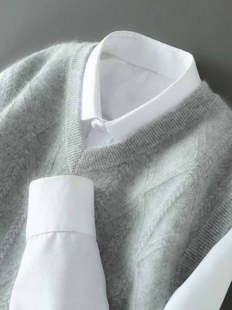 Men's Cashmere Vests V-neck Sweater Pullovers 100% Mink Cashmere Knitwear Autumn Winter Sleeveless Waistcoat Thick Clothing Tops