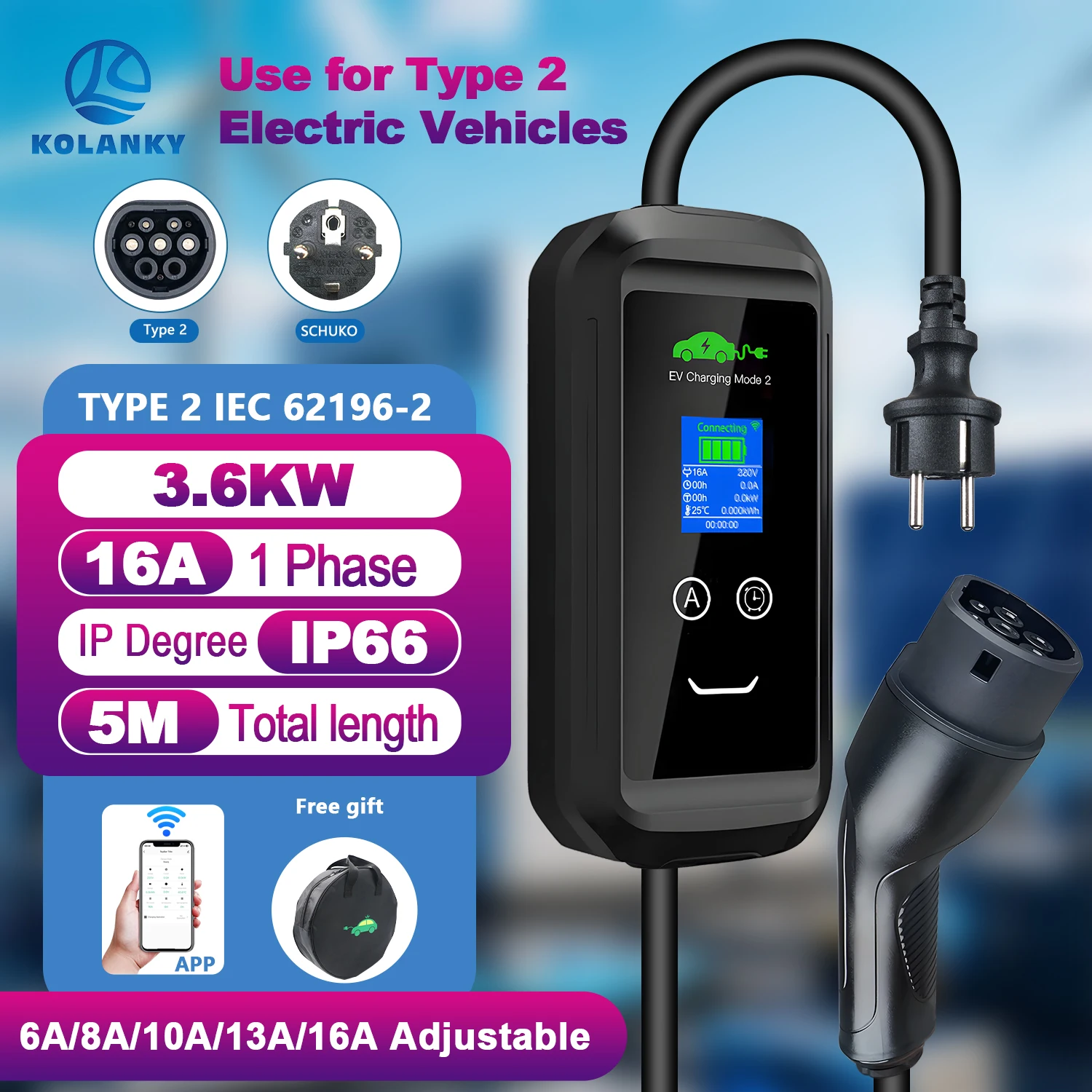 Kolanky 16A 3.6KW Type 2 EV chargeur IEC-62169 Standard Tuya APP Wifi minuterie charge véhicule électrique voitures hybrides 5M câble