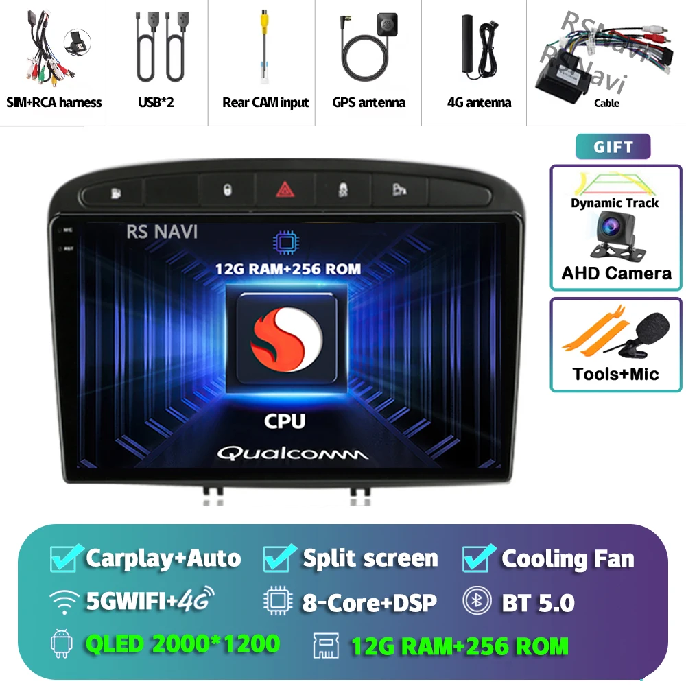 Autoradio Android 15 9" Pour Peugeot 308/408 2007-2015 - 4Go RAM, 64Go ROM, CarPlay/Android Auto Sans Fil, Caméra De Recul