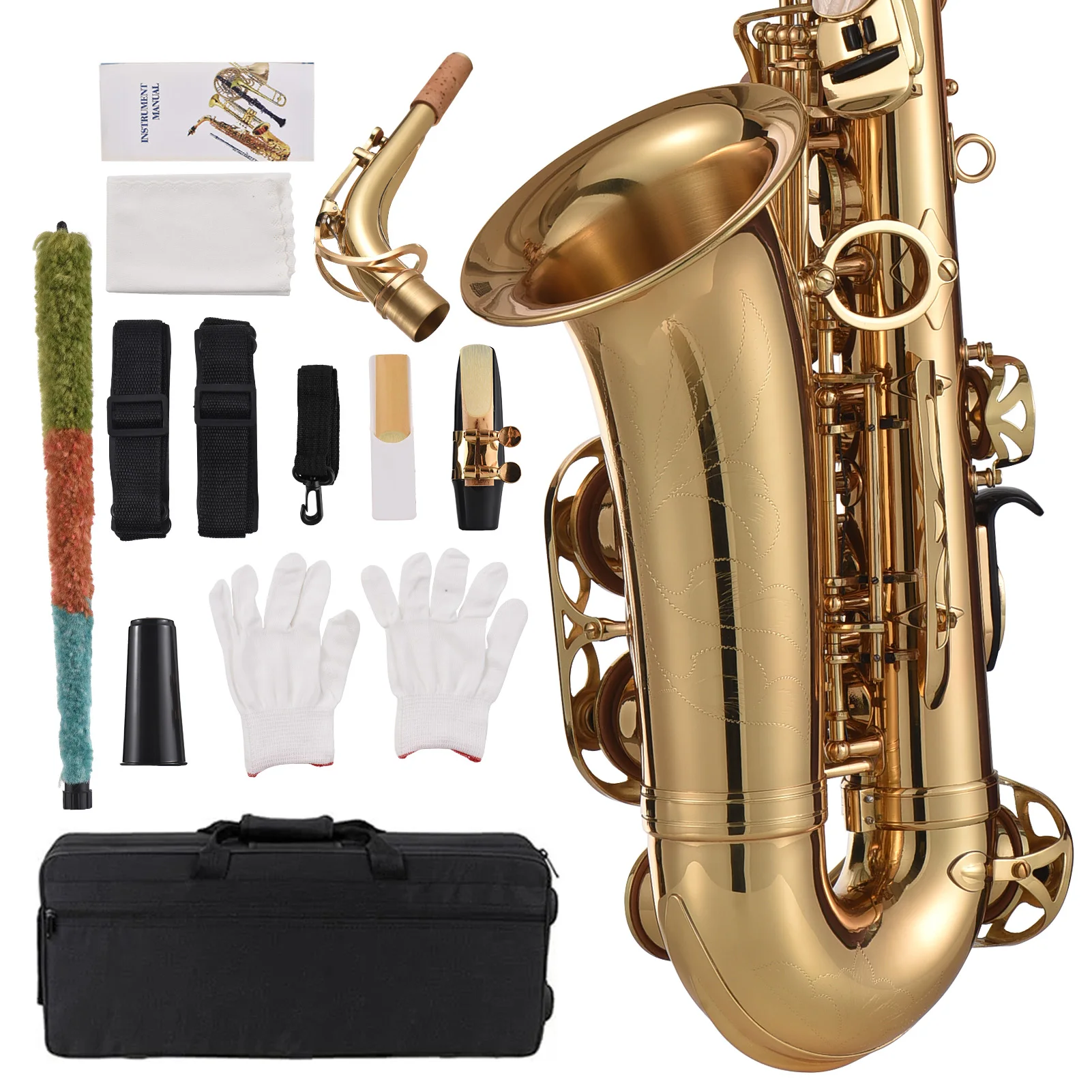 Eb Alto Saxophone Brass Lacquered Gold E Flat Sax 875 Key Type Woodwind Instrument with Cleaning Brush Cloth Gloves Strap Padded