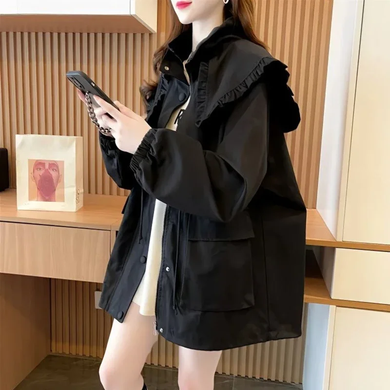 

Korean Fashion Women's Trench Coat 2023 Spring Autumn Medium To Long Streetwear Jacket Female Casual Loose Pocket Windbreaker
