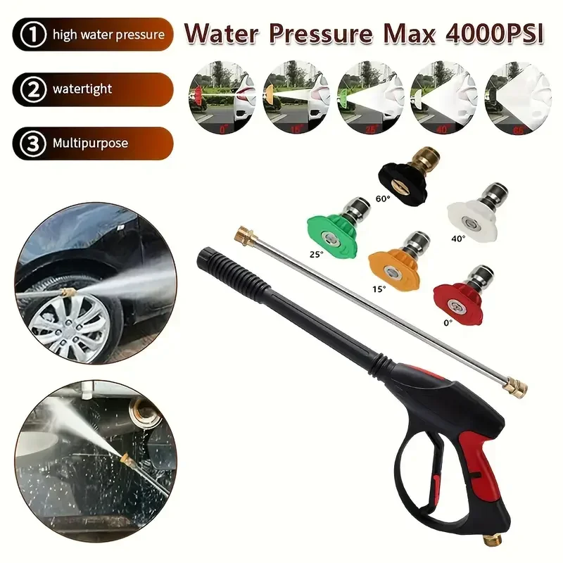 4000PSI High-Pressure Water Gun, M22-14 Copper Valve & 1/4" Quick Connect, 5-Color Nozzles for Car Washing 5