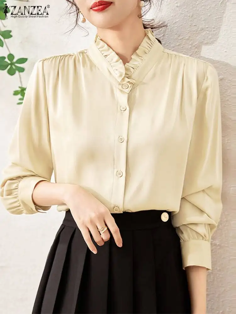 

ZANZEA Women Pleated Stain Blouse 2023 Autumn Korean Fungus Ruffled Stand Collar Shirts Elegant Buttons Long Lantern Sleeve Tops