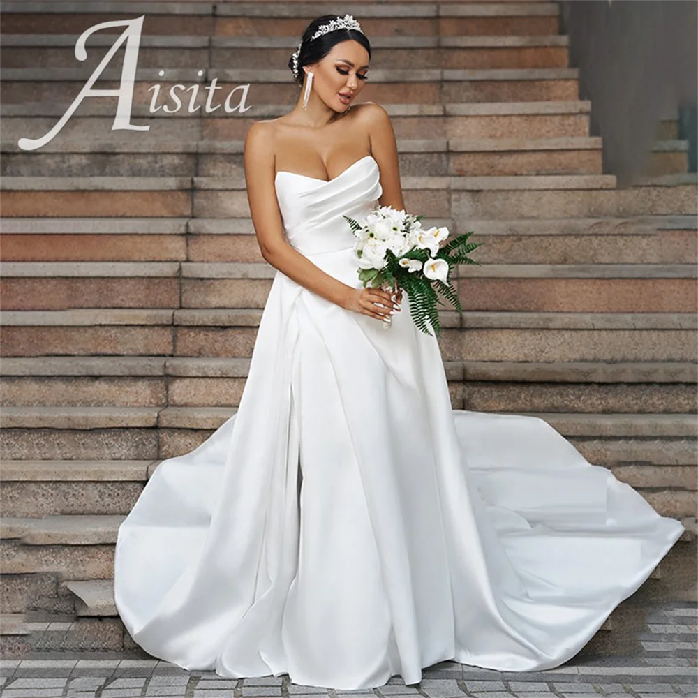 

Princess A-line Bride Dresses Sweetheart Sleeveless Chapel Train Satin Wedding Dresses For Woman Wedding Dress Vestidos De Novia