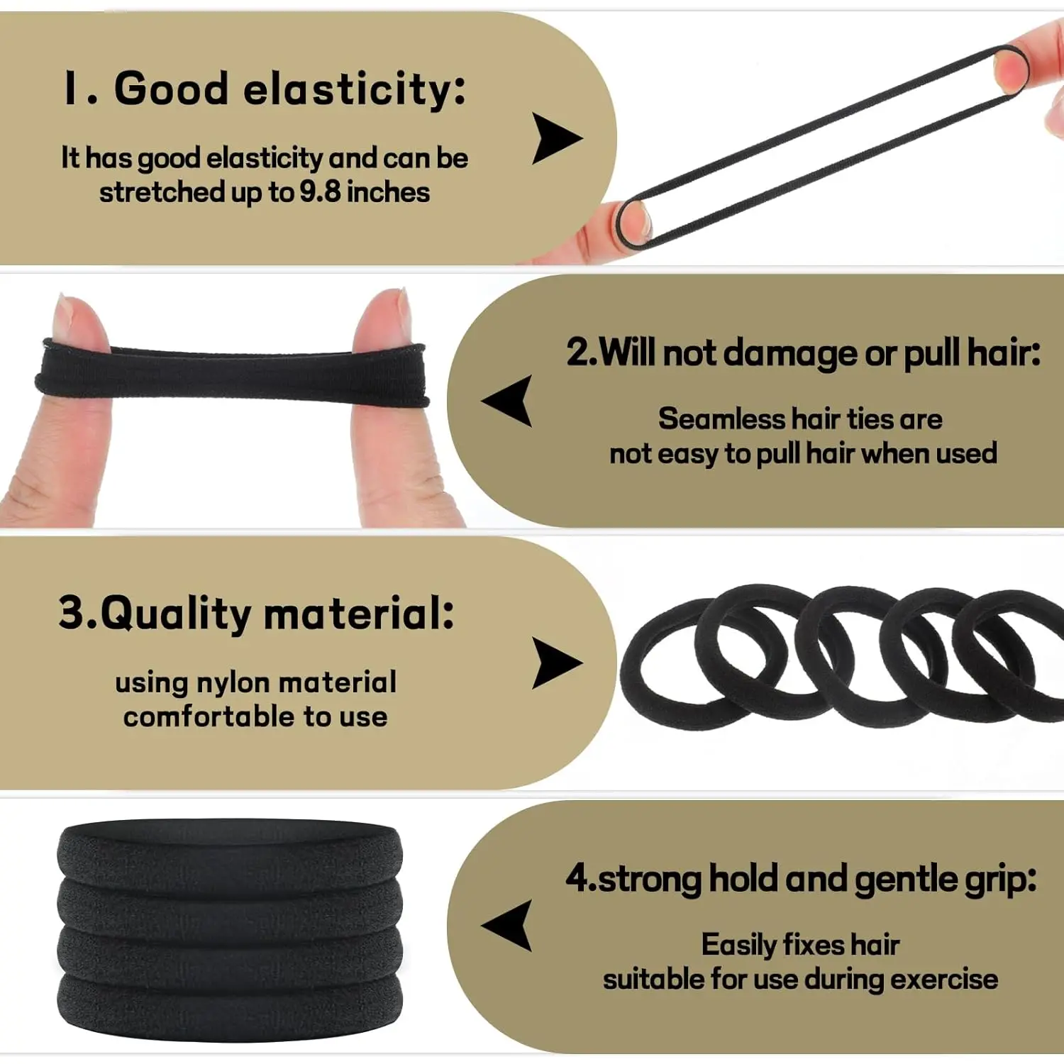 100PCS 4cm Black Hair Ties, Cotton Seamless Ponytail Holders, No Damage Elastics Hair Bands for Thick Heavy &Curly