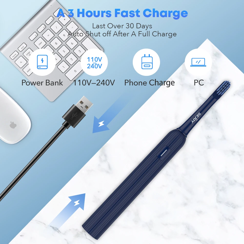 Sejoy Electric Toothbrush Adult Rechargeable Smart Toothbrush 2 Mins Timer 6 Modes 6 Brush Heads Sonic Toothbrush 4
