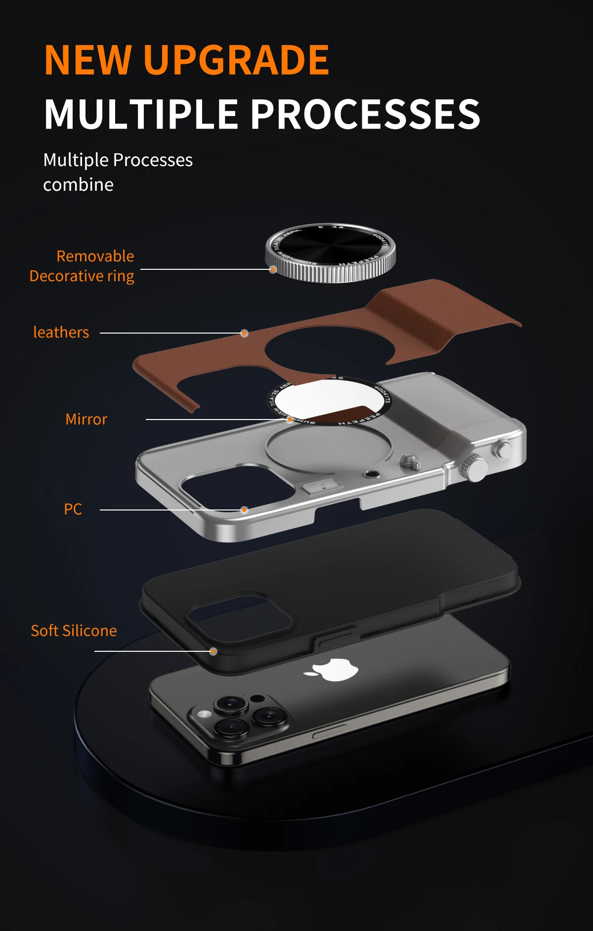 funda de telefono con cámara para iPhone Bluetooth multifuncional magnética Retro para iPhone 16 15 14 13 12 11 Pro Max cubierta a prueba de golpes con espejo cosmético » funda de telefono con cámara para iPhone
