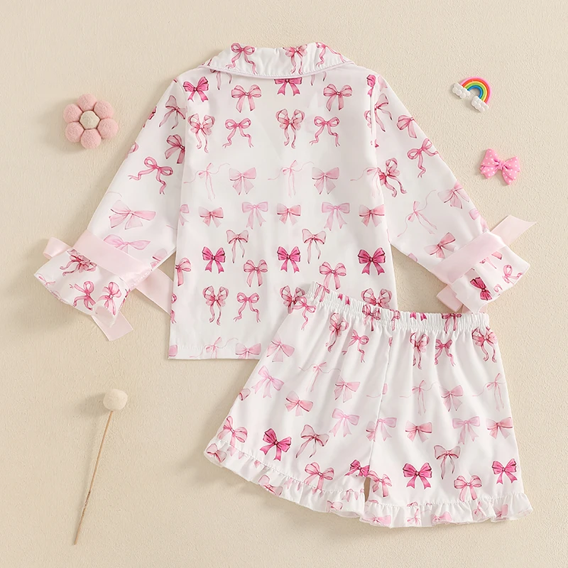 Description Picture 4 of itemSummer Toddler Baby Girl Sleepwear Casual Pajamas Set Infant Bow Print Long Sleeve Button Down Shirts Ruffled Shorts Homwear