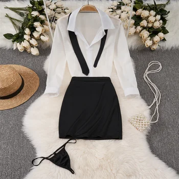 Sexy Transparent Long Sleeve Shirts And Blouses With Elastic Waist A-Line Mini Skirt Office Lady Cosplay Uniform Erotic Lingerie 1