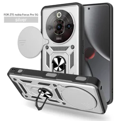 ZTE Nubia Focus Pro 5G Protective Case with Slide Lens Cover and Magnetic Ring Holder Armor Design for ZTE Nubia Focus Pro (Silver)