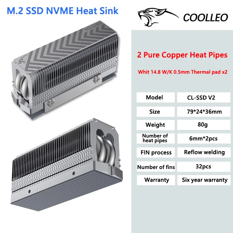 

COOLLEO CL-SSD V2 M.2 2280 NVMe SSD Heat Sink 2 heat pipes SSD Cooler With 14.8W/mk Thermal Pad