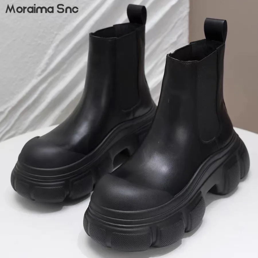 

Retro Platform Elastic Black Boots Autumn New Large Head Heightening Round Head One-Leg Fashion Trend Short Boots