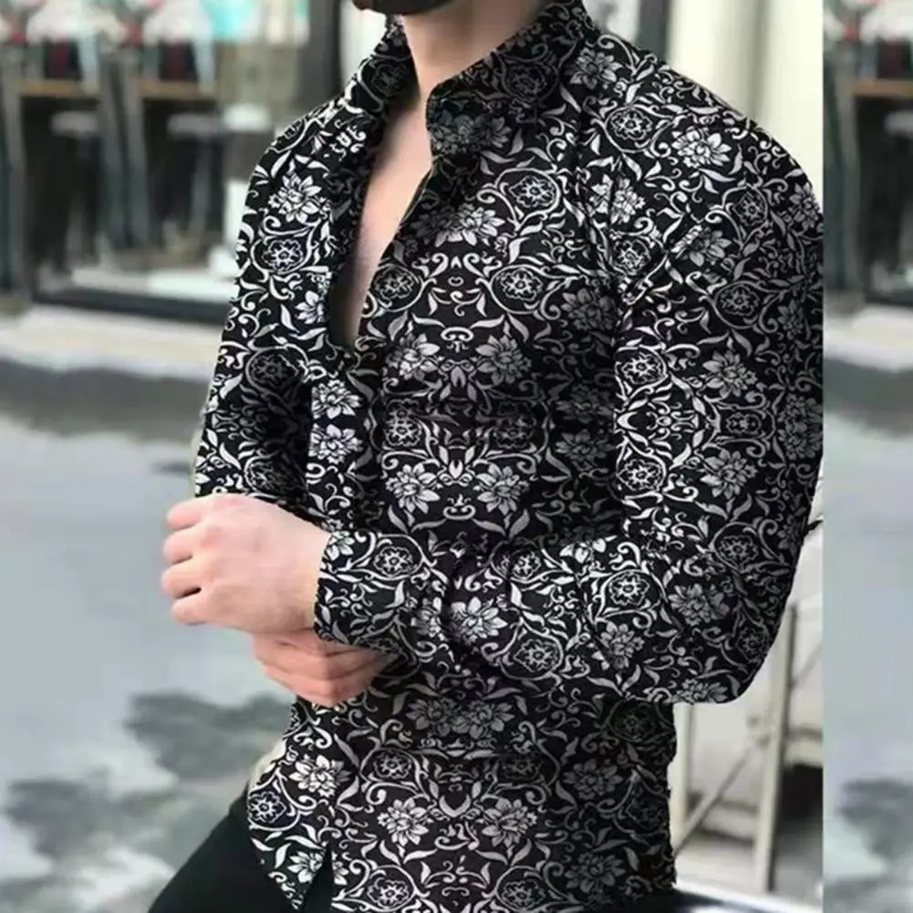 

Male Lapel Collar Shirt Slim Fit Men's Striped Dot Print Lapel Shirt Stylish Single-breasted Long Sleeve Casual Workwear Lapel