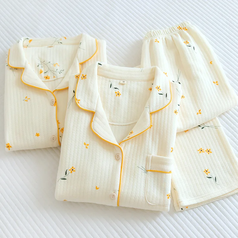 

Women Thick Cotton Pajamas Warm Homewear Winter Soft Casual Floral Print Pyjama Sleepwear Home Suit