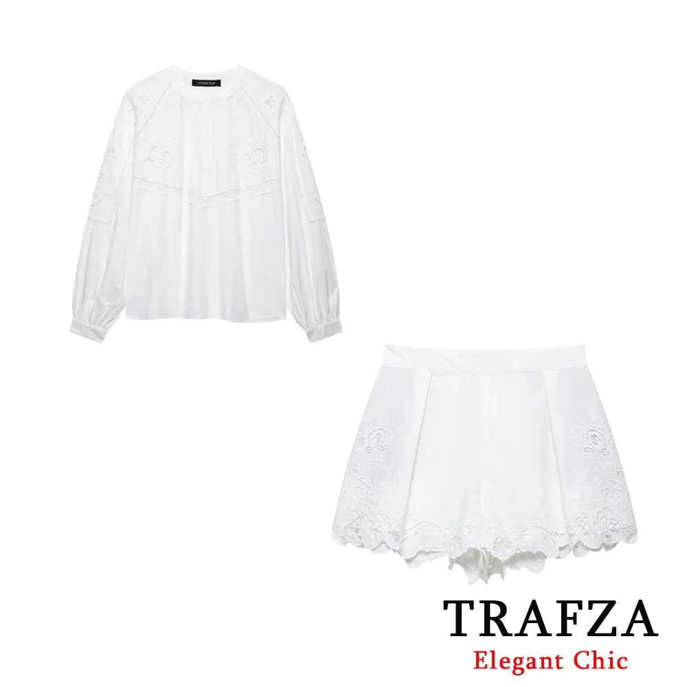 TRAFZA المرأة أنيقة مطرزة مجموعة بيضاء مجموعة تي ش...