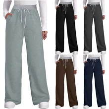 

Women’s Casual Wide Leg Trousers Fashion Contrast Color Tie-up High Waist Loose Long Pants Sweatpants