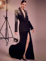 HIGH STREET Newest Fashion 2024 Women's Diamonds Rhinestone Beaded Blazer Mermaid Long Skirt 1
