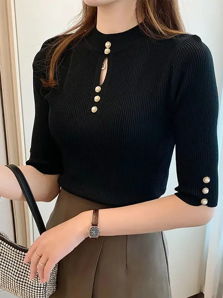 2025 Spring Autumn Korean Fashion Solid Sweater Women Short Sleeve Tops Pull Femme Casual Slim Female Pullover Knitted Clothes 3