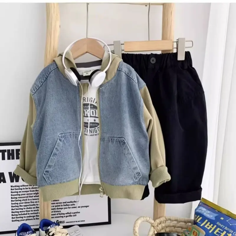 [ EZKATON ]★24FW★韓国人気★AGING HOOD DENIM JACKET Spring Autumn Denim Jacket For Boy Girl New Korean Version
