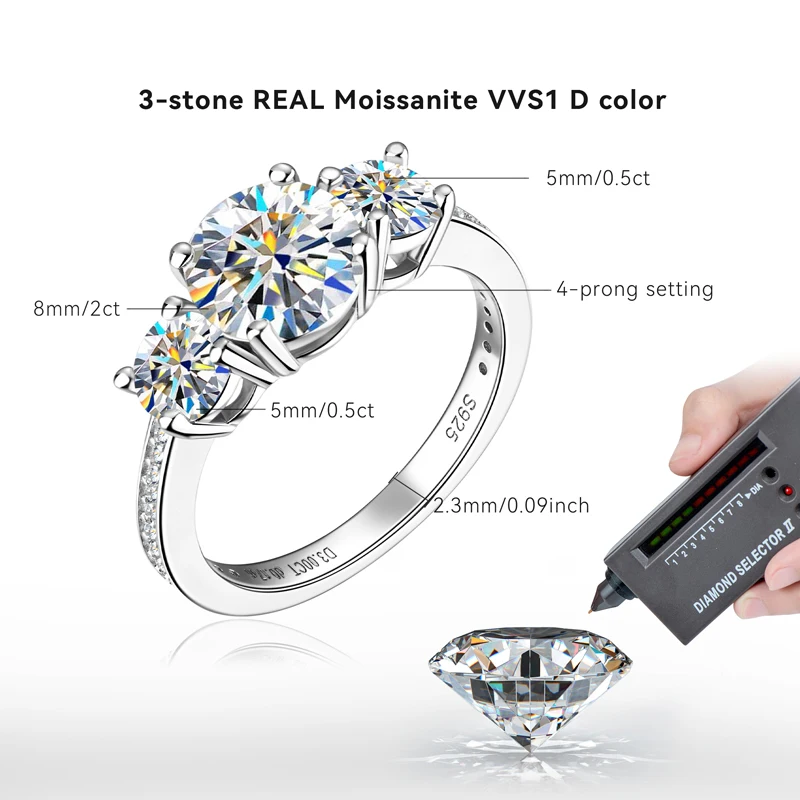 Anziw 3-stone Real 3.6CT Moissanite Wedding Rings for Women 100% S925 Silver Engagement Promise Band Fine Accessories Jewelry 5