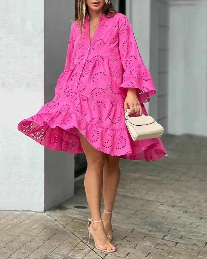 

Lace Flower Sexy Dresses New Summer European American Fashion Women's Solid Color V-Neck Loose Embroidery Hollow Elegant Dress