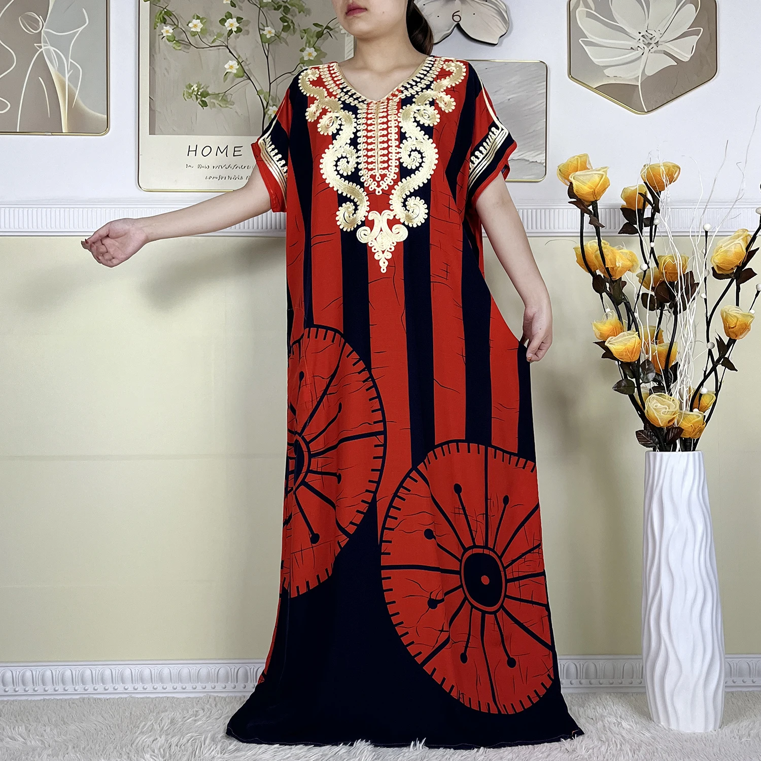 2024 New Style Summer Loose Short Sleeve Dress African Dashiki Pattern Printing Soft Cotton Woman Elegant Maxi Islam Lady Abaya