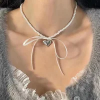 New Style Metal Heart Bow Ribbon Choker Necklace Collar Chain French Baroque Style Fashionable Romantic Women's Jewelry 1